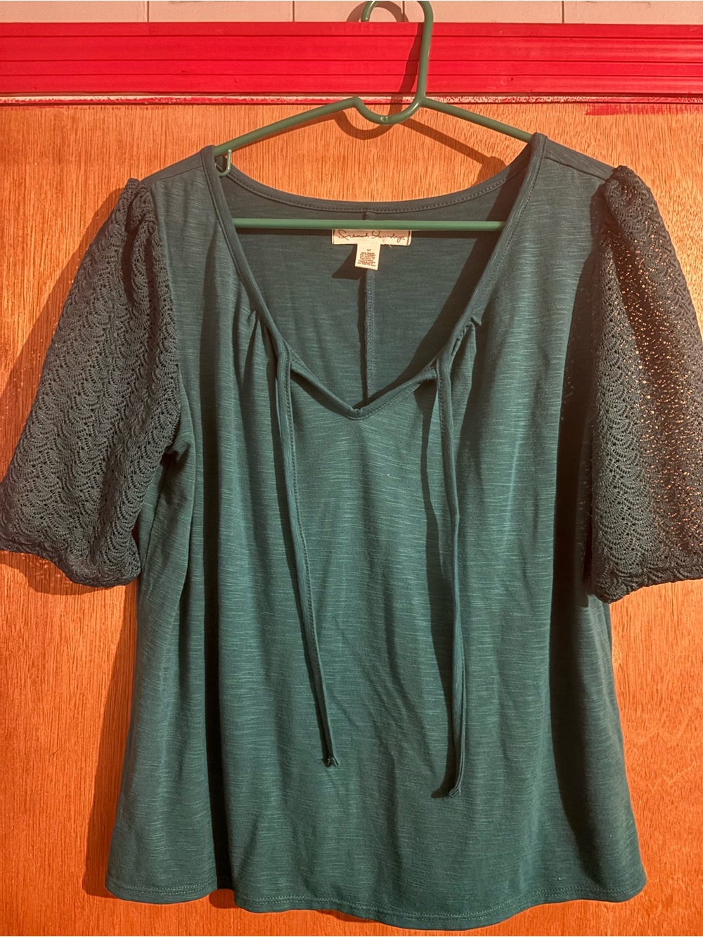 French Laundry Teal Lace-Sleeve Tie-Front Top